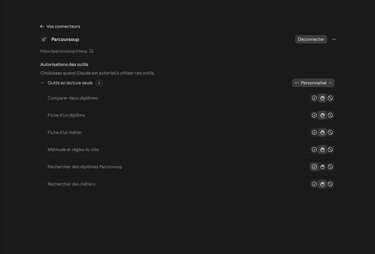 La page du connecteur Parcoursoup dans Claude, avec ses six outils en lecture seule